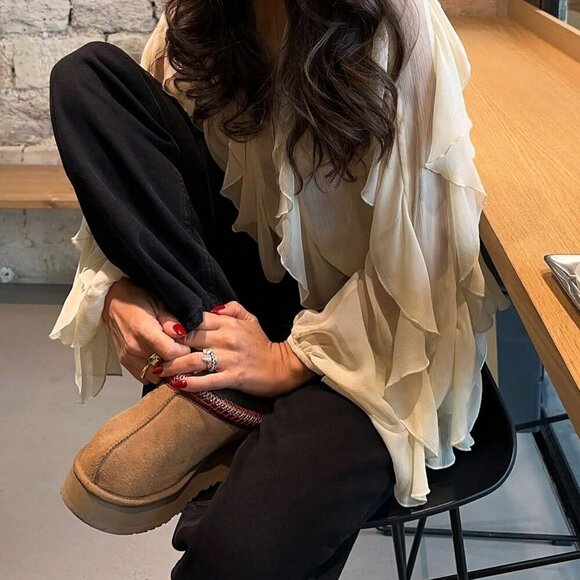 Tan Casual Women's Ruffle Trim Lantern Blouse Shirt - Picture 3 of 10